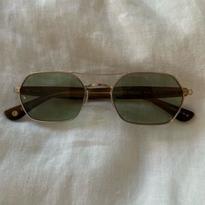Garrett Leight Goldie Sunglasses | 70’s inspired gold frames with green lenses